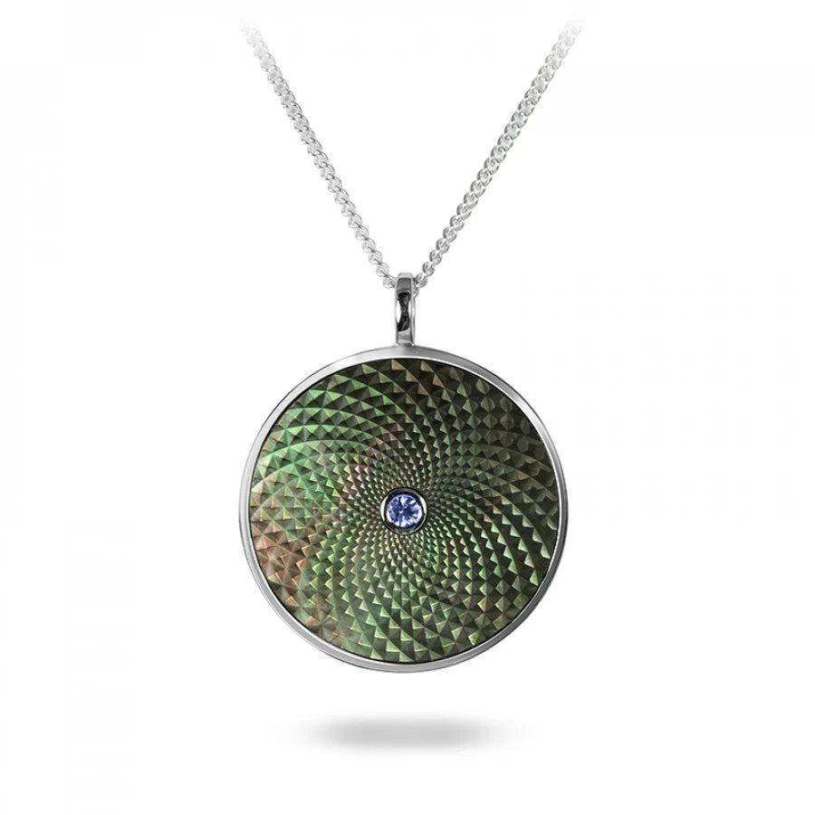 Sterling silver large pendant with grey mother-of-pearl and blue sapphire gemstone from Dreamcatcher Collection by Deakin & Francis at EB London