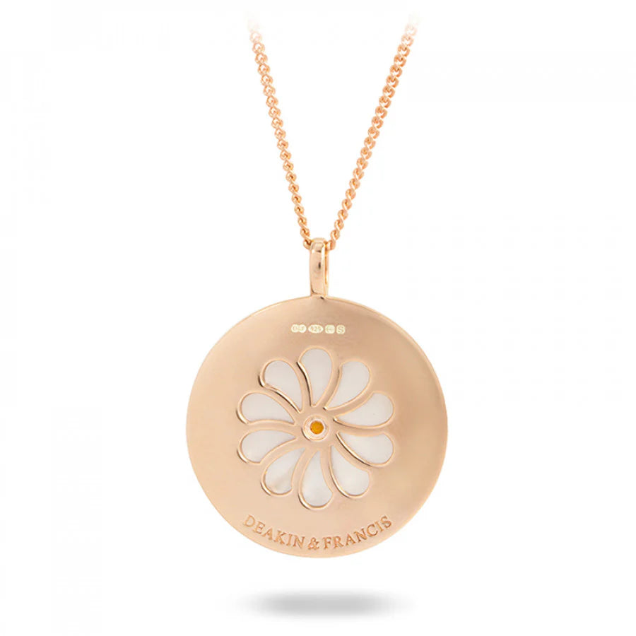 silver large pendant with white mother-of-pearl and yellow sapphire gemstone in rose gold plated setting from Dreamcatcher Collection by Deakin & Francis at EB London