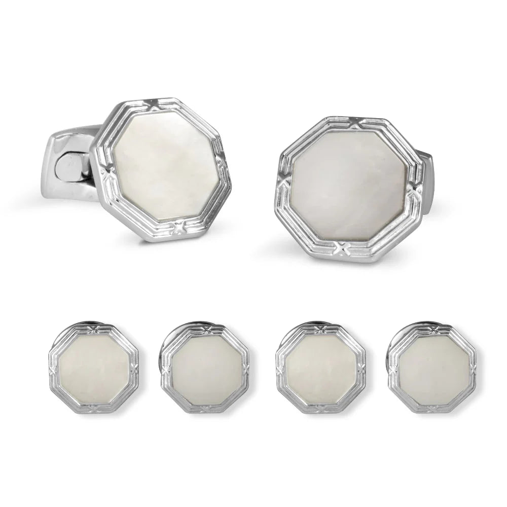 Sterling silver octagonal mother-of-pearl dress set with detailed border by Deakin & Francis at EB London
