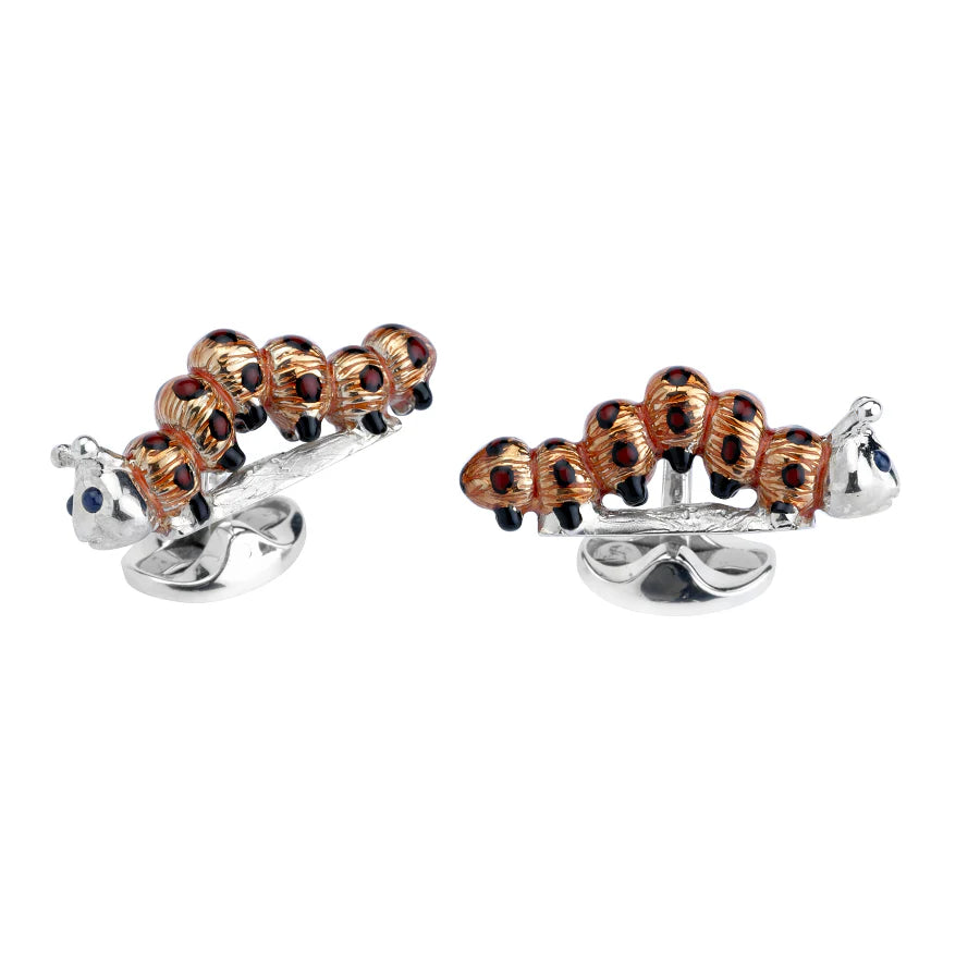 Luxury Sterling Silver Orange and Red Caterpillar Cufflinks with Sapphire Eyes - Deakin & Francis | EB London