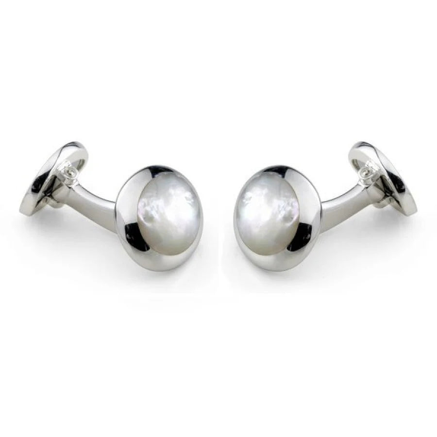 Sterling silver oval cufflinks with white mother-of-pearl inlay by Deakin & Francis at EB London