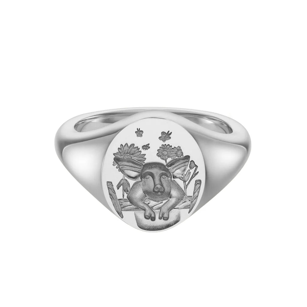 Deakin & Francis sterling silver oval zodiac signet ring with Pig engraving, 12x10mm, handcrafted in Birmingham, at EB London