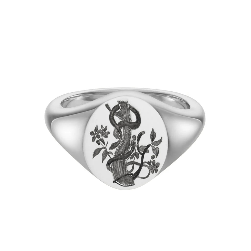 Deakin & Francis sterling silver oval zodiac signet ring with Snake engraving, 12x10mm, handcrafted in Birmingham, at EB London