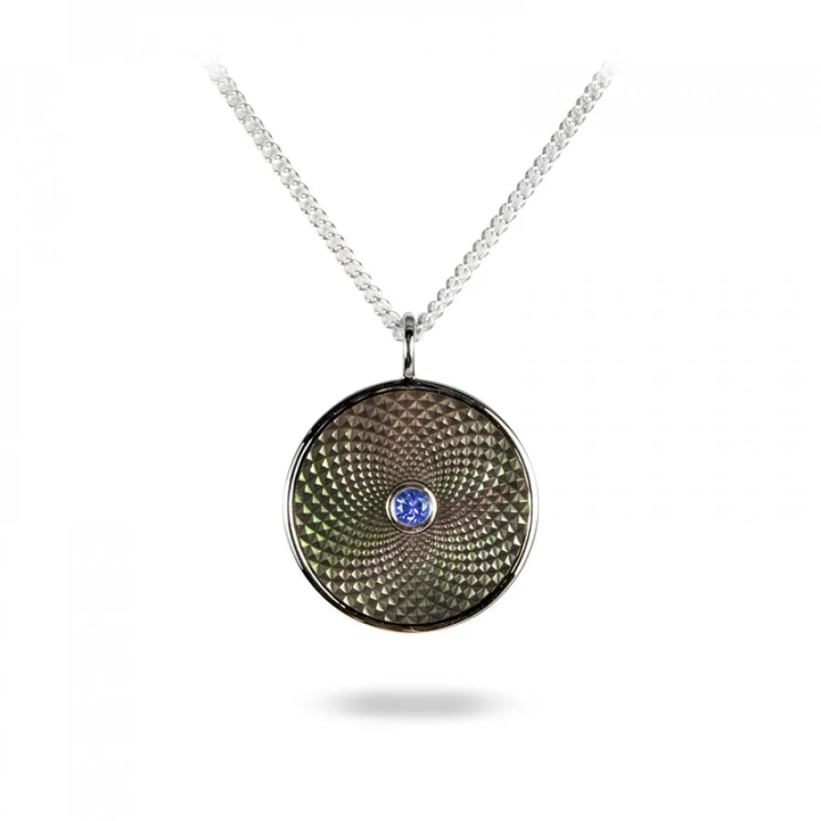 Sterling silver small pendant with grey mother-of-pearl and blue sapphire gemstone from Dreamcatcher Collection by Deakin & Francis at EB London