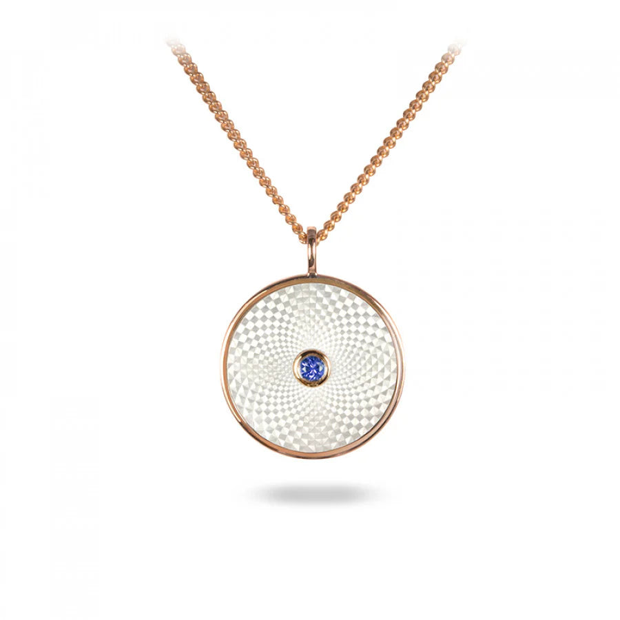 Sterling silver small pendant with white mother-of-pearl and blue sapphire gemstone in rose gold plated setting from Dreamcatcher Collection by Deakin & Francis at EB London
