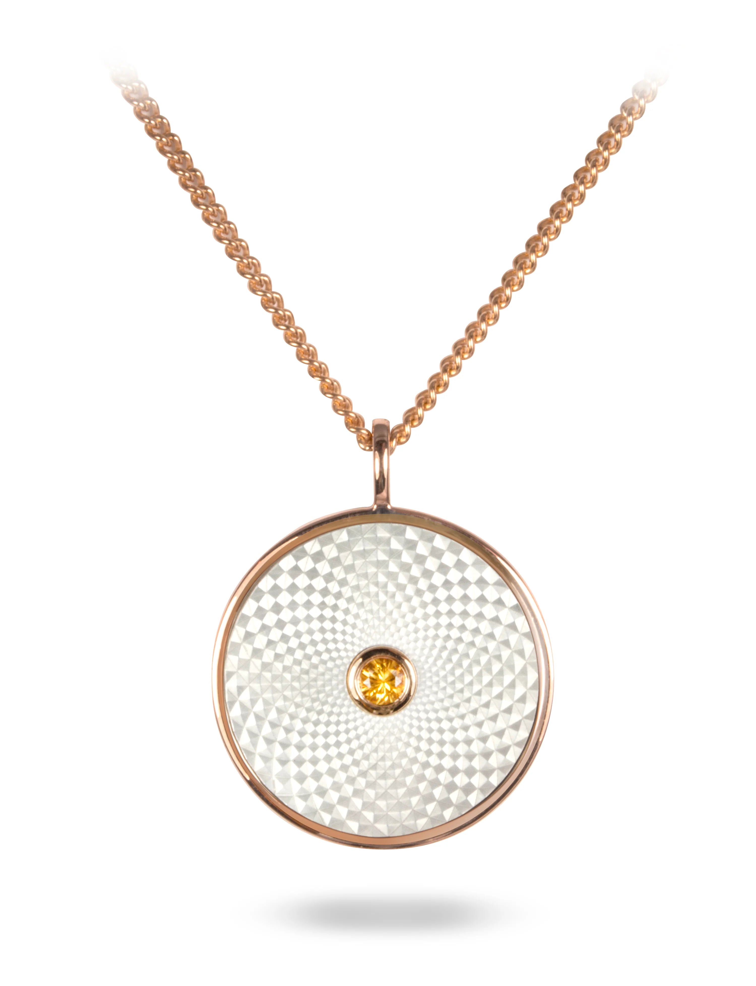 Sterling silver small pendant with white mother-of-pearl and yellow sapphire gemstone in rose gold plated setting from Dreamcatcher Collection by Deakin & Francis at EB London