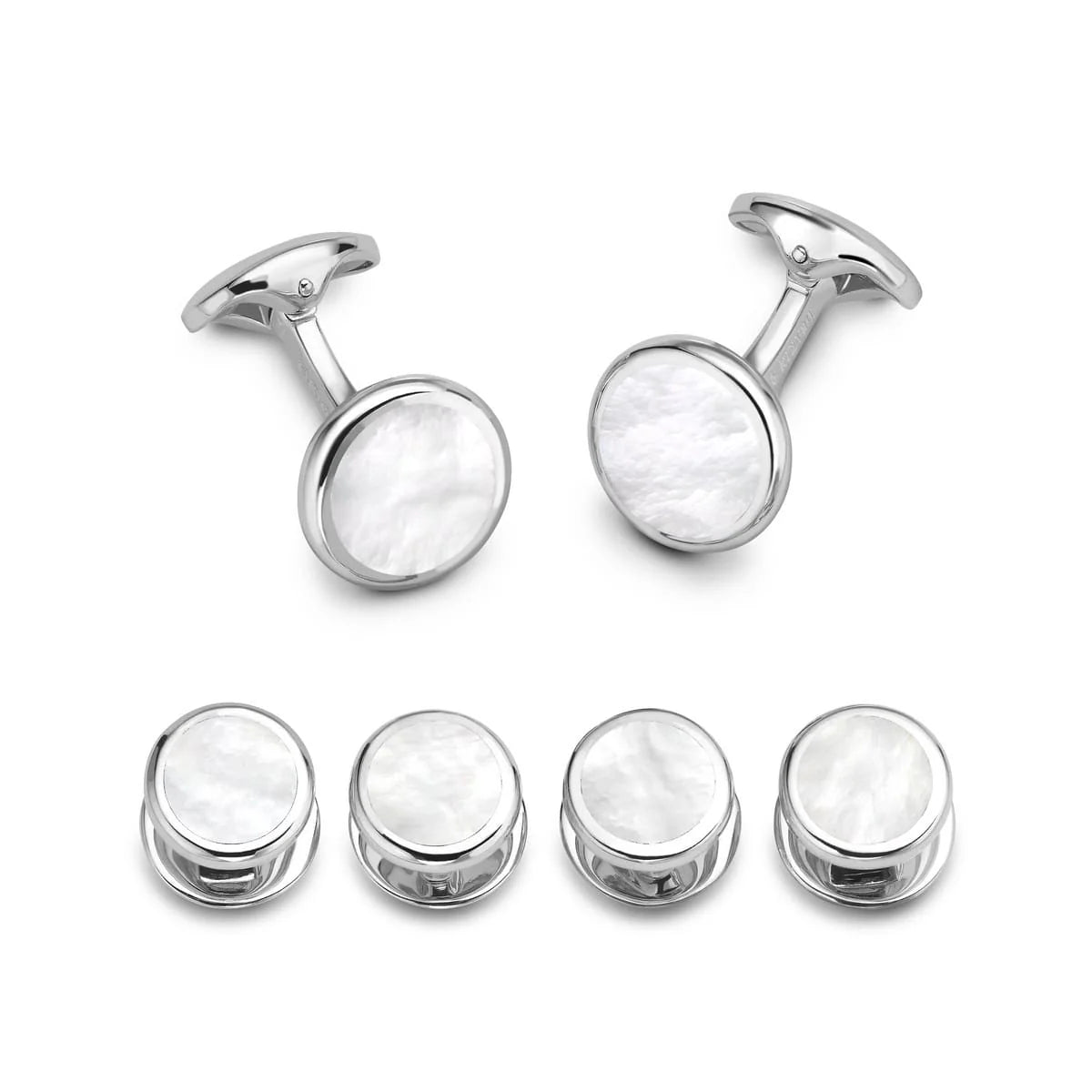 Sterling silver round dress set with hand-cut mother-of-pearl centre by Deakin & Francis at EB London