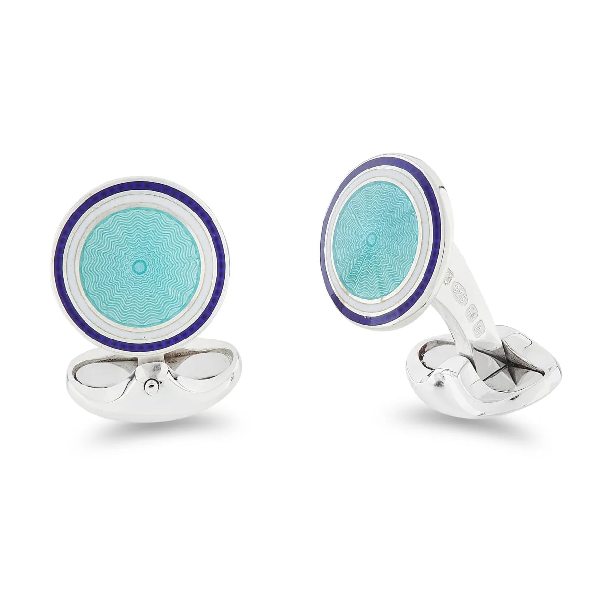 Luxury Sterling Silver Round Pale Blue Enamel Cufflinks With Navy Blue And White Border - Deakin & Francis | EB London