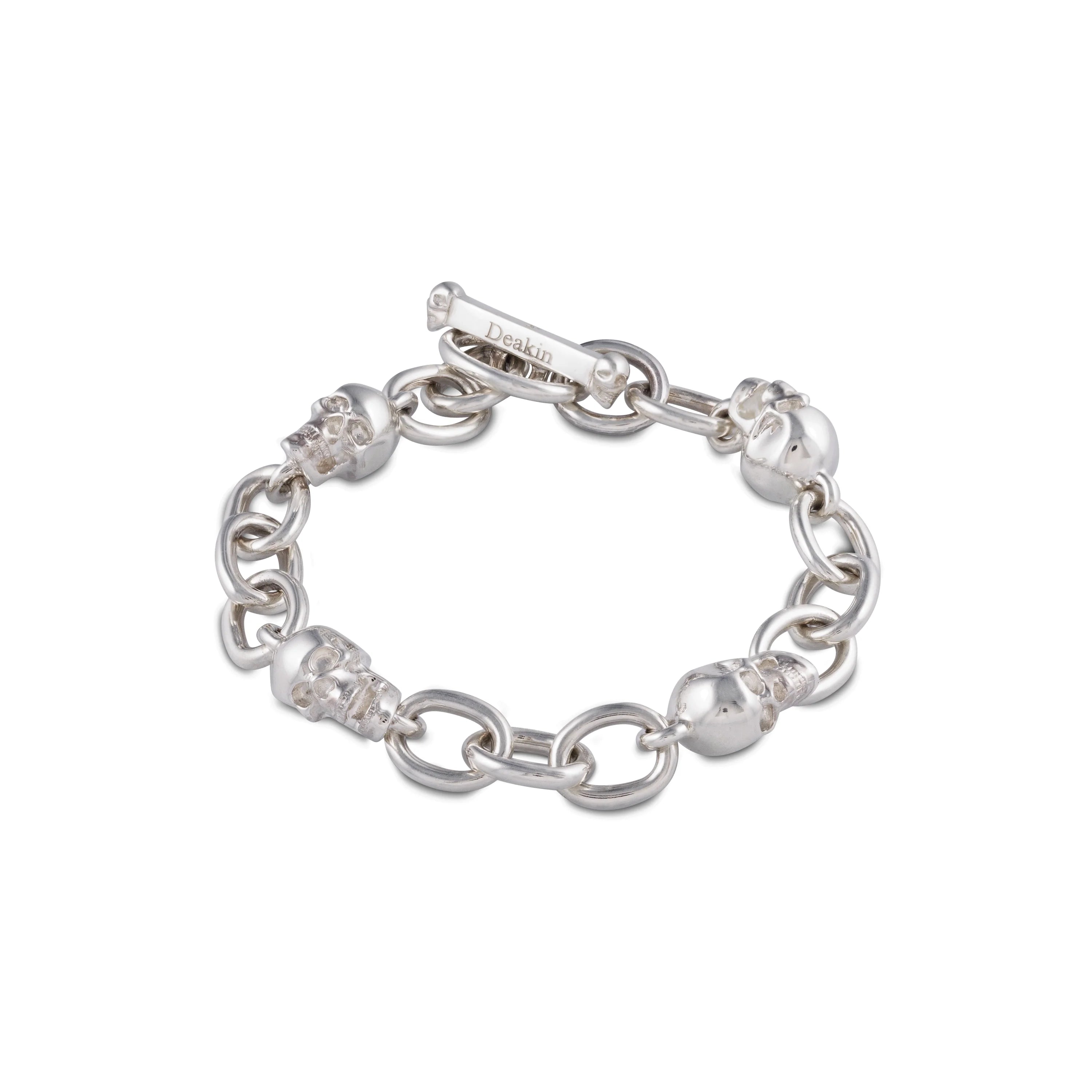 Sterling silver skull chain bracelet with bone T-bar by Deakin & Francis at EB London