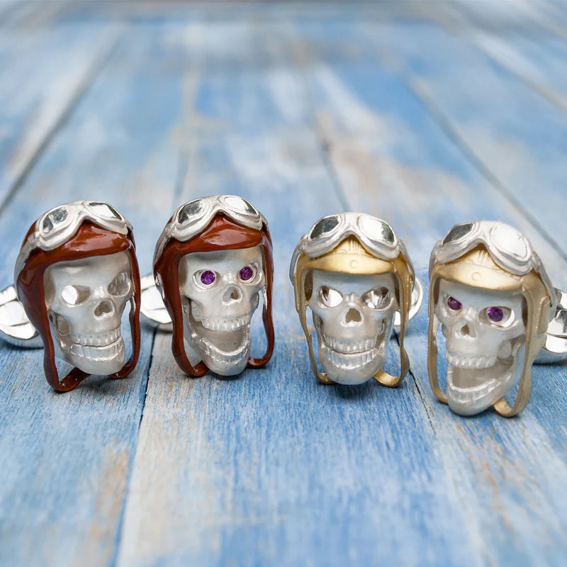 Silver Skull Cufflinks with Brown Vintage Aviator Pilot Hat – Deakin & Francis - EB London