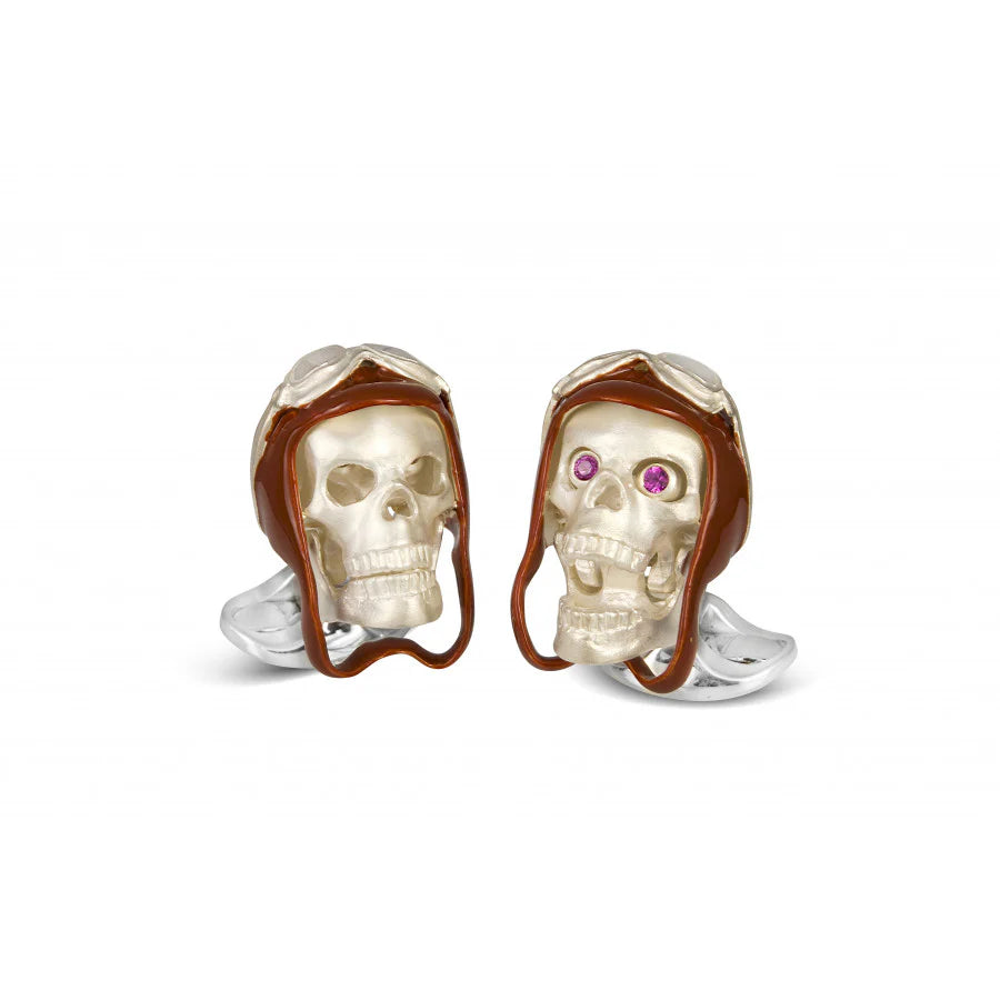 Sterling Silver Skull Cufflinks with Brown Vintage Aviator Pilot Hat – Deakin & Francis - EB London
