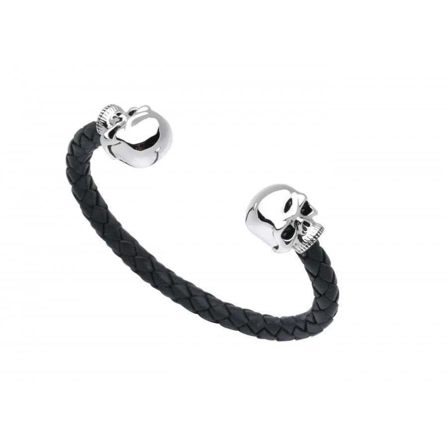 Leather bangle with silver skull head ends by Deakin & Francis at EB London