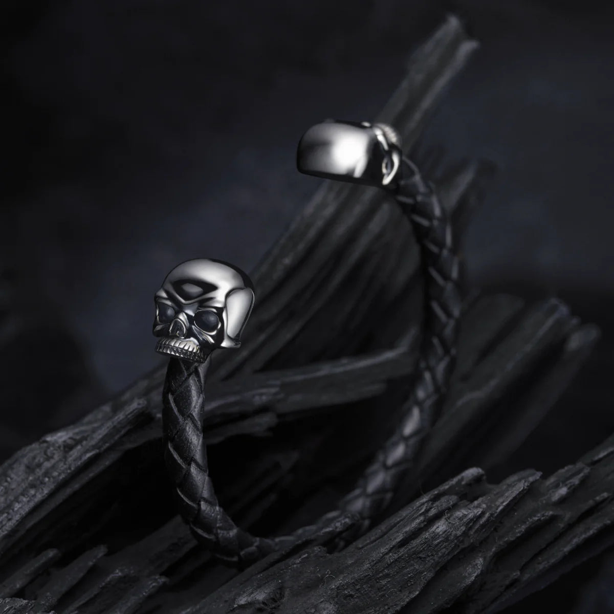 Leather bangle sterling silver skull head ends by Deakin & Francis at EB London