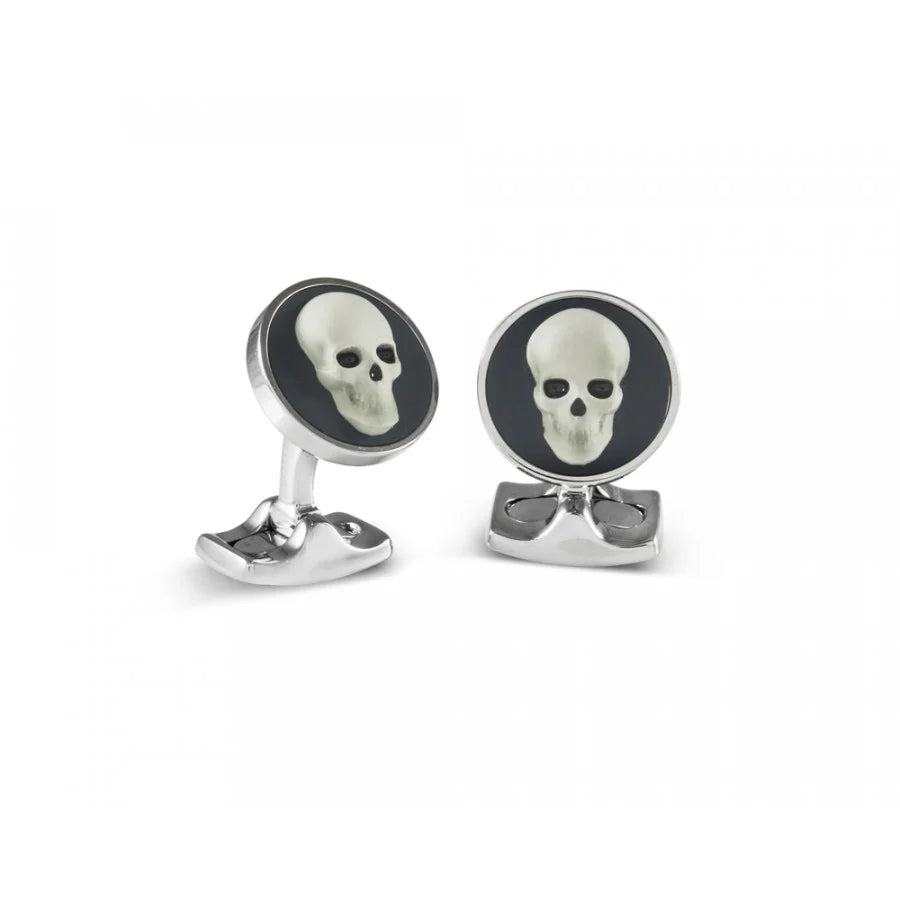 Skull cameo cufflinks with white 3D skull on steel blue enamel by Deakin & Francis at EB London
