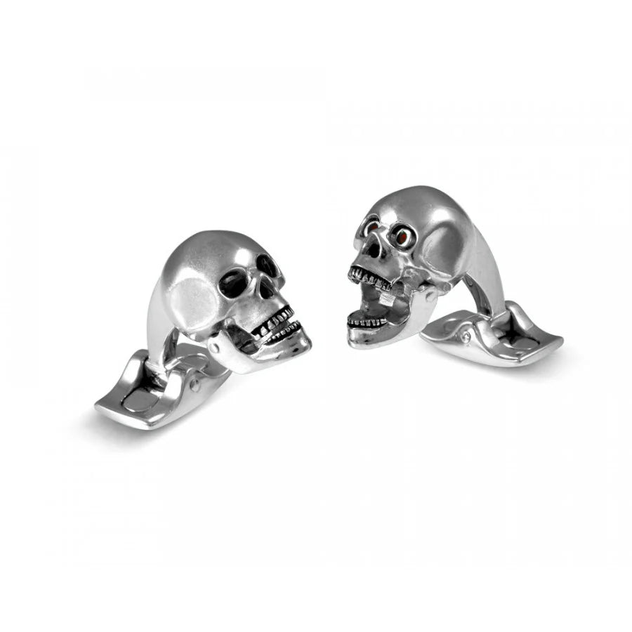 Deakin & Francis skull head cufflinks with moveable jaw and hand-enamelled red eyes in satin finish, handcrafted in Birmingham, at EB London