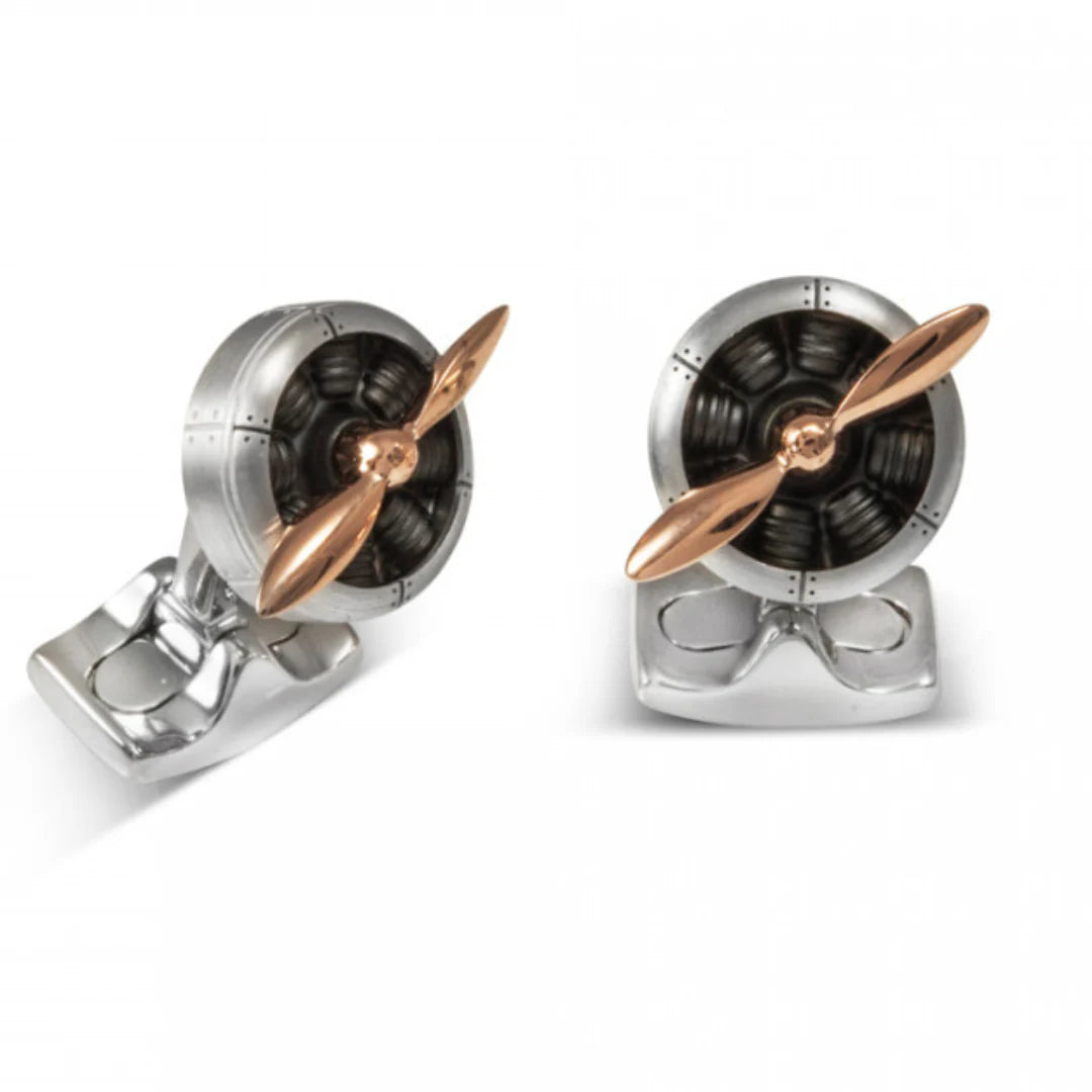 Sopwith propeller cufflinks with spinning rose gold blades and aircraft grade aluminium by Deakin & Francis at EB London