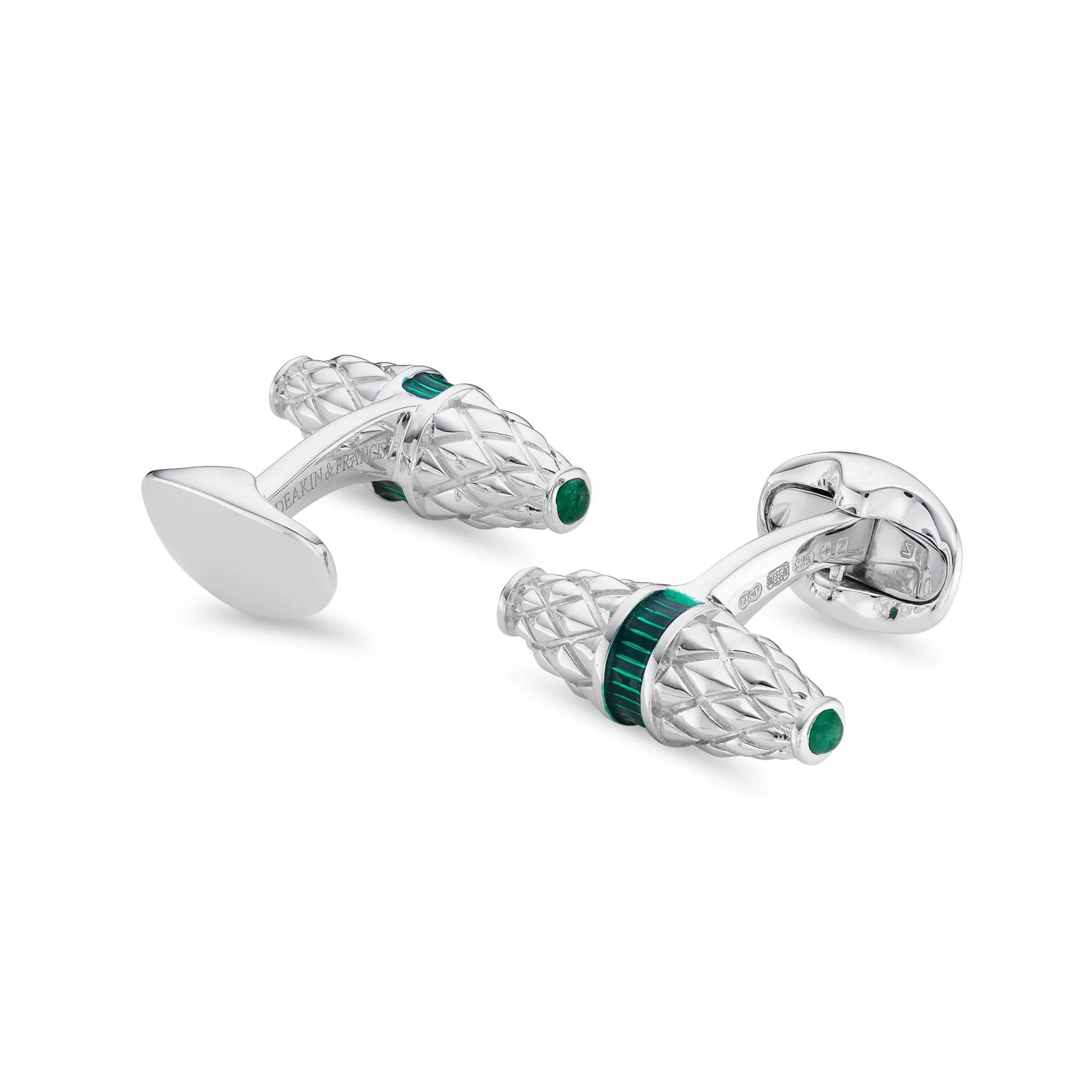 Silver Fancy Bar Cufflinks with Green Enamel Centre & Emerald Ends – Deakin & Francis - EB London