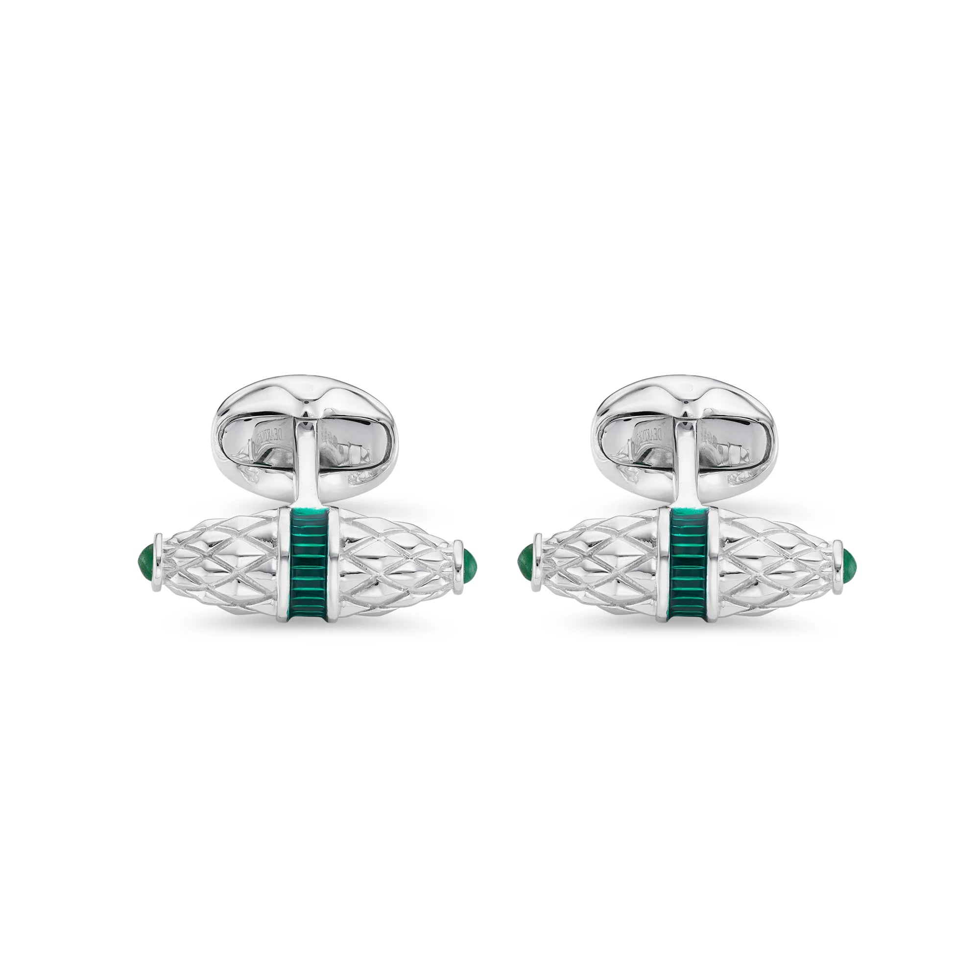 Sterling Silver Fancy Bar Cufflinks with Green Enamel Centre & Emerald Ends – Deakin & Francis - EB London