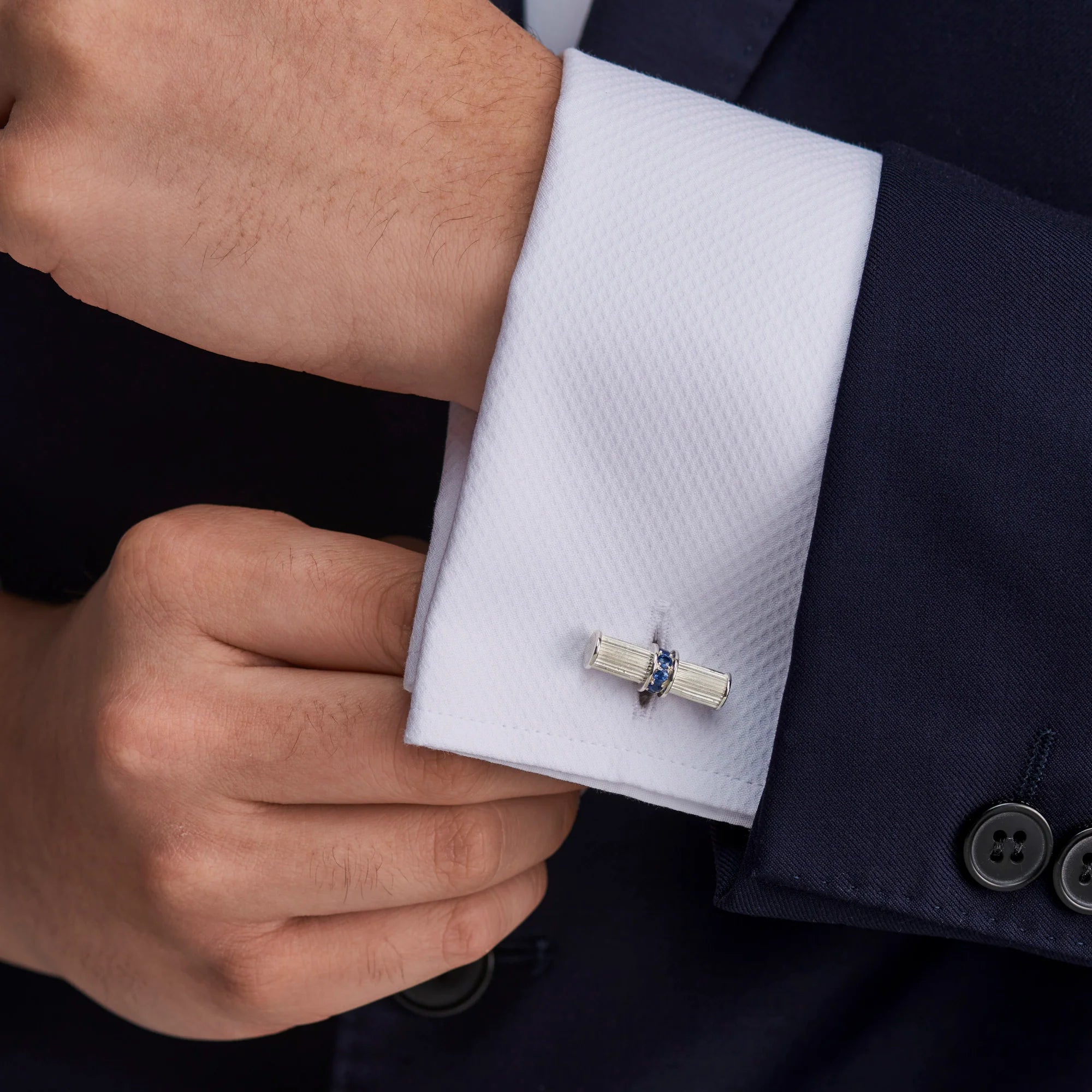 Sterling Silver Bar Cufflinks with Sapphire Centre - Deakin & Francis - EB London