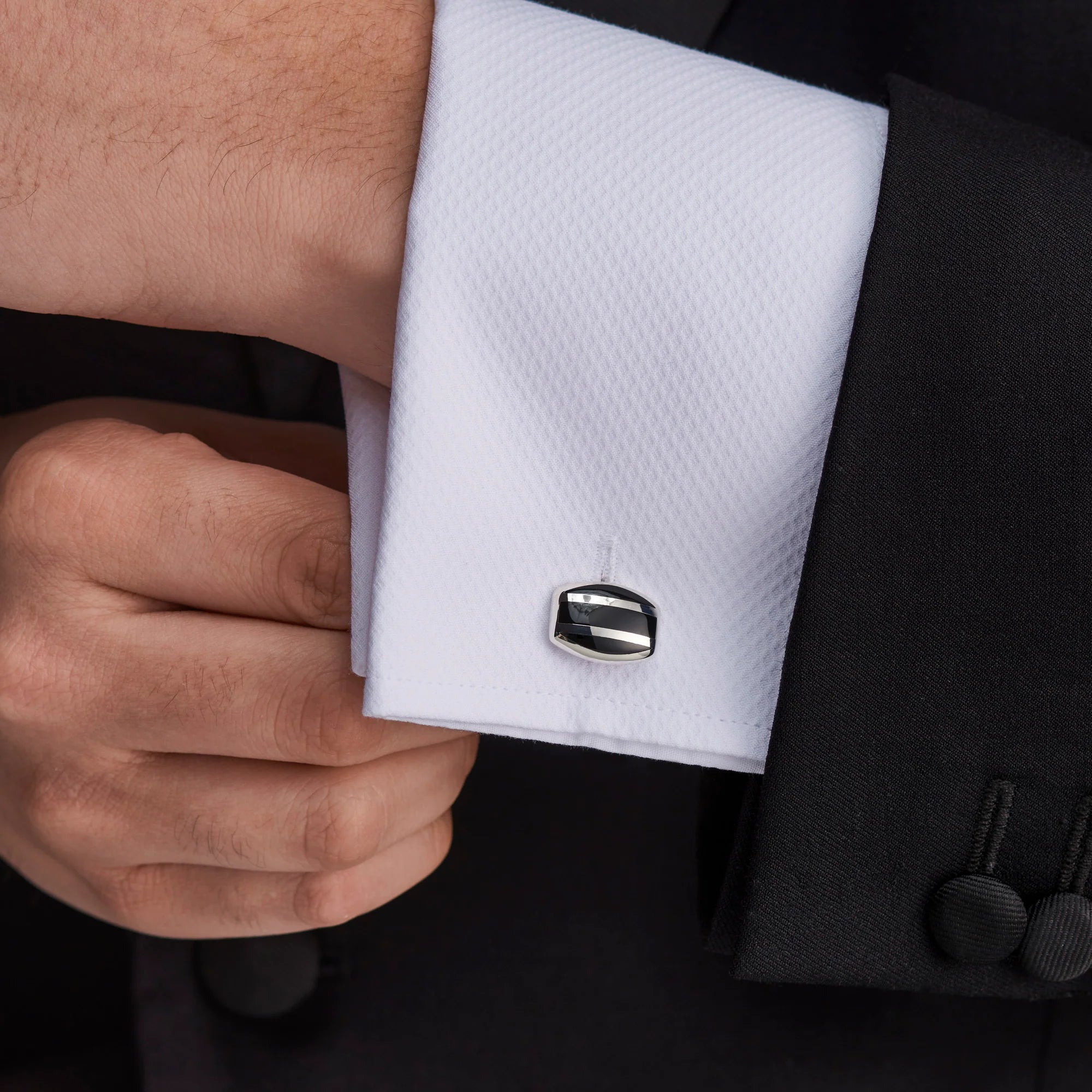 silver barrel cufflinks with black striped onyx inlay by Deakin & Francis at EB London