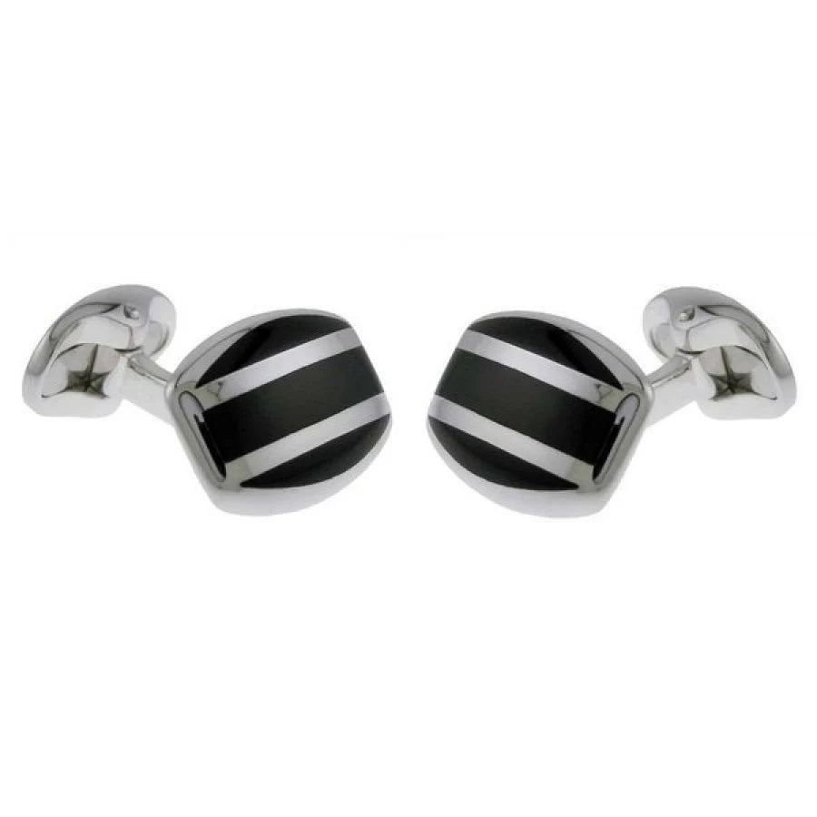Sterling silver barrel cufflinks with black striped onyx inlay by Deakin & Francis at EB London