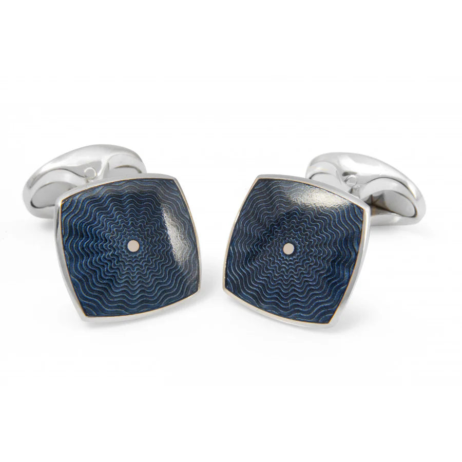 Silver Deep Blue Enamel Cufflinks with Wave Pattern - Deakin & Francis | EB London
