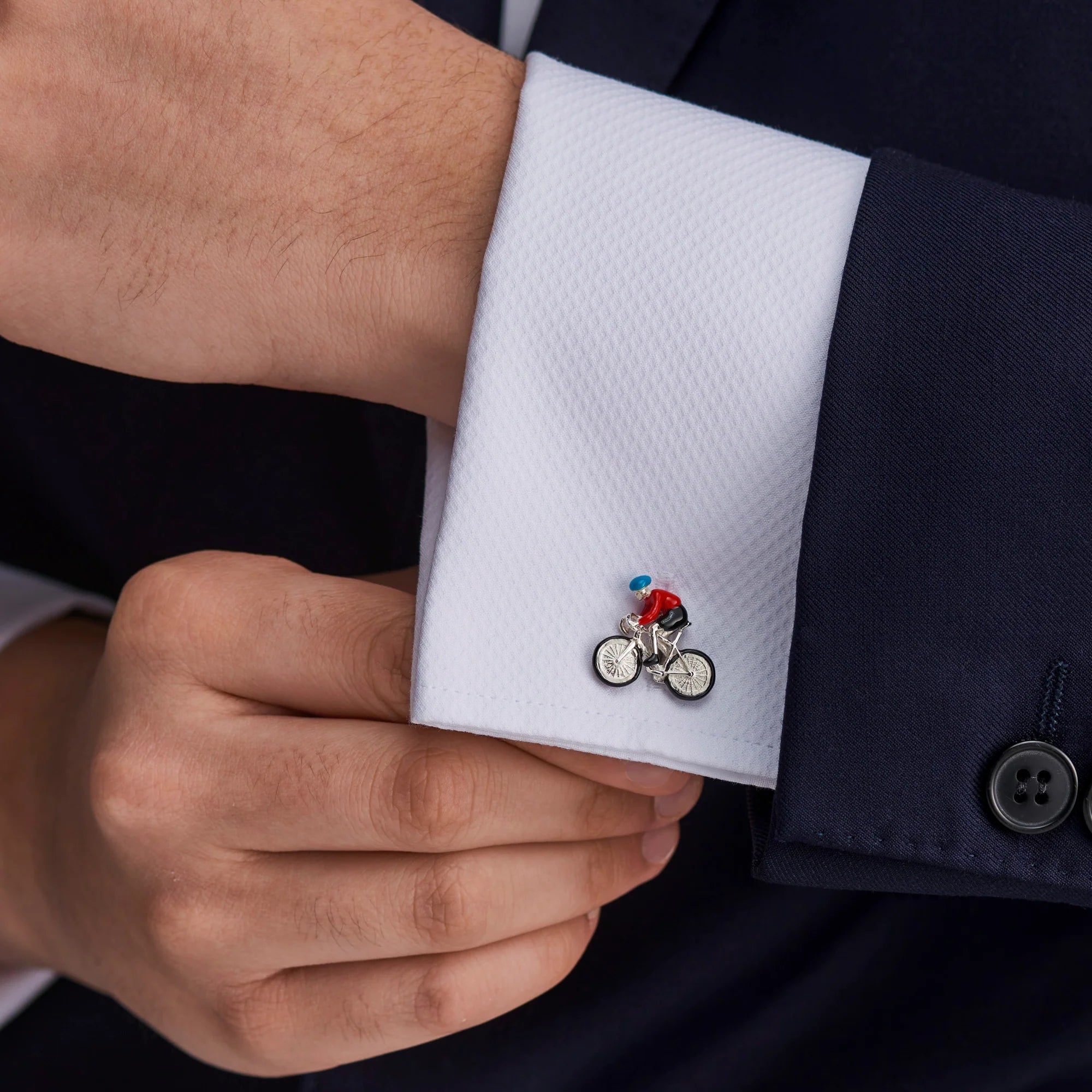 Sterling Silver Bike and Rider Cufflinks - Blue and Red Enamel – Deakin & Francis - EB London