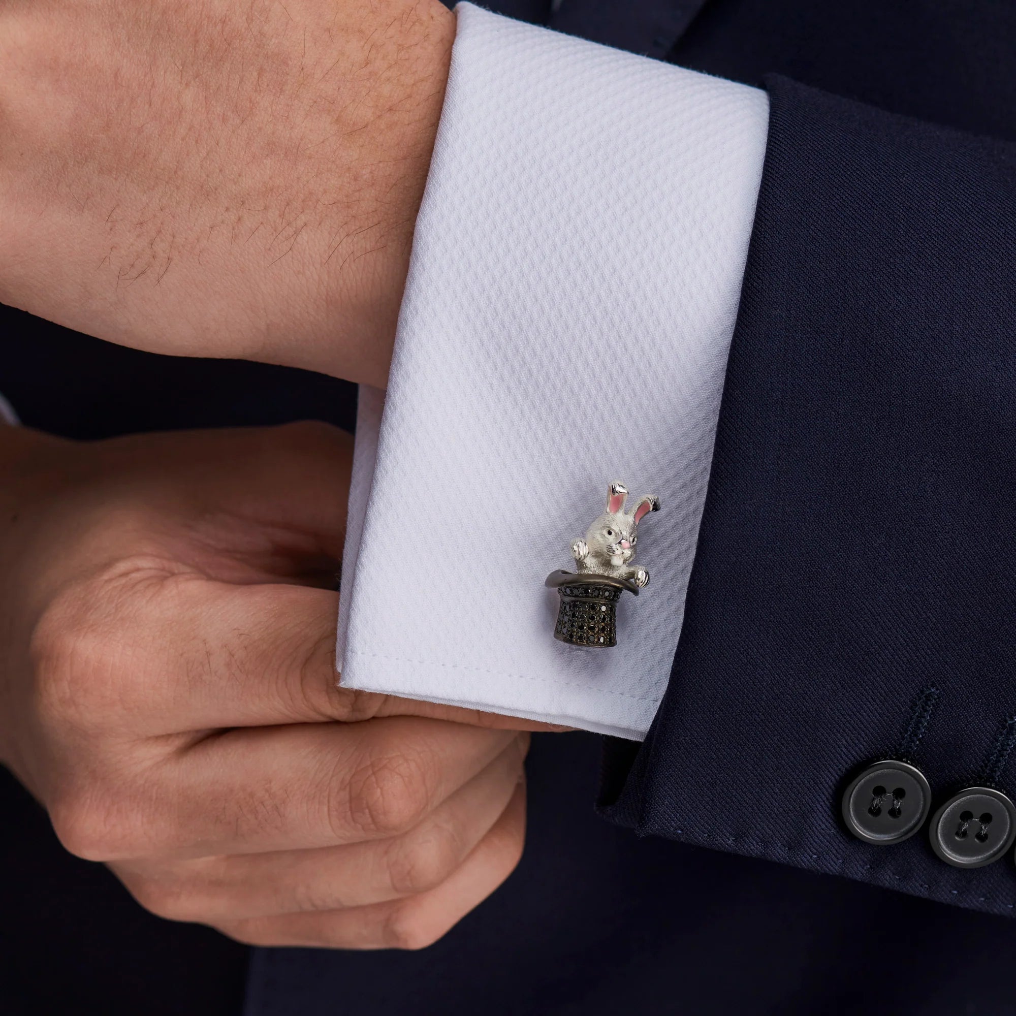 Sterling Silver Black Spinel Rabbit in Hat Cufflinks - Deakin & Francis - EB London