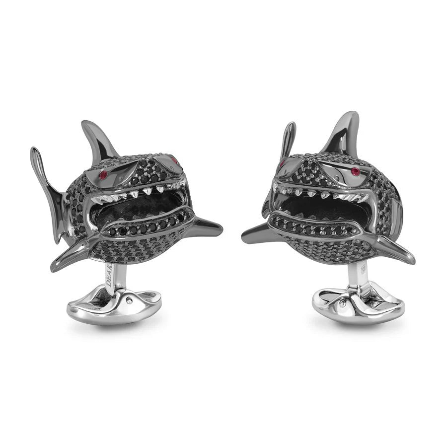 Sterling Silver Black Spinel Shark Cufflinks with Ruby Eyes - Deakin & Francis - EB London