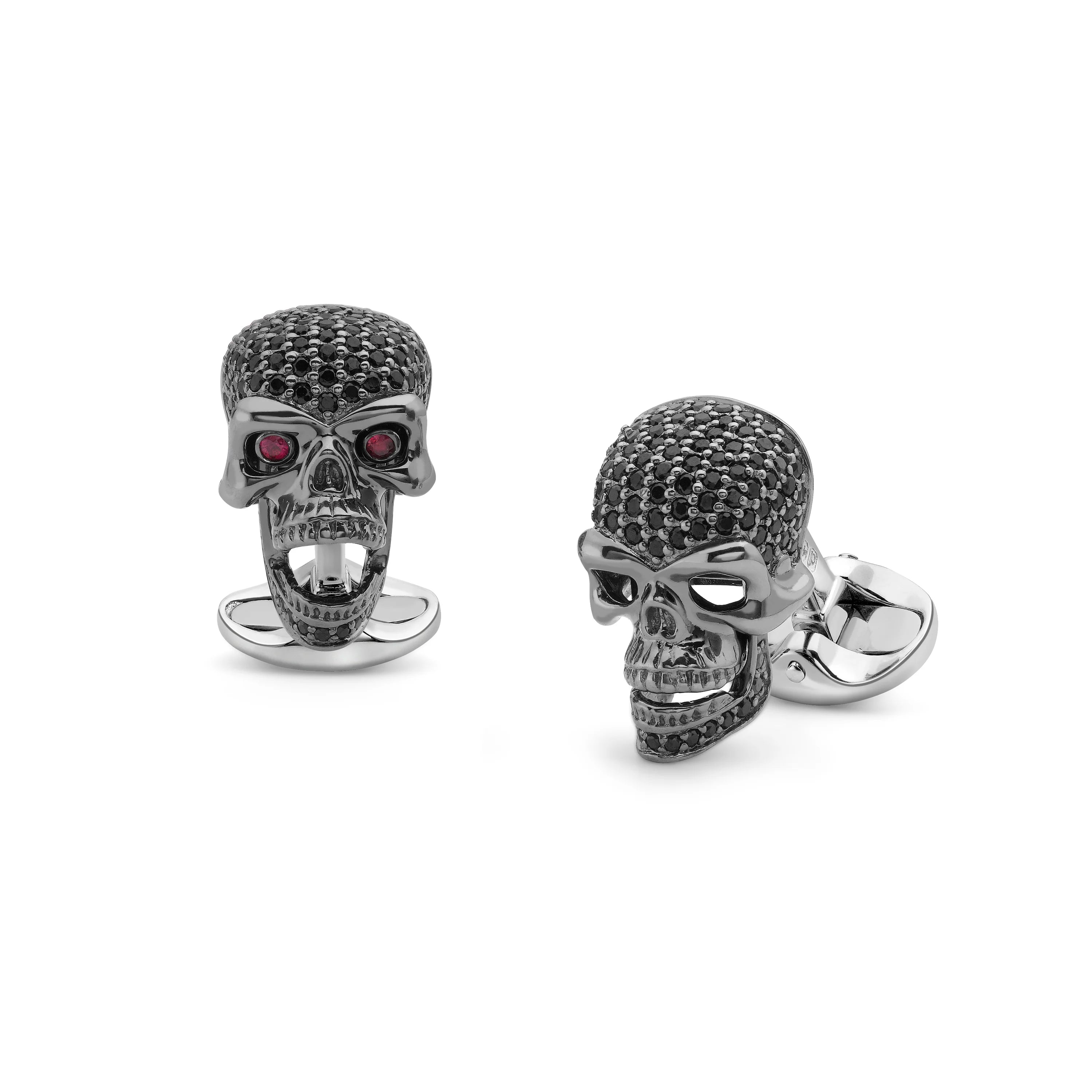 Sterling Silver Black Spinel Skull Cufflinks with Ruby Eyes - Deakin & Francis - EB London