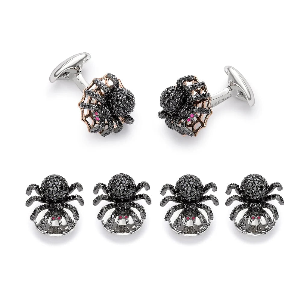 Sterling silver black spinel spider dress set with ruby eyes and rose gold web by Deakin & Francis at EB London