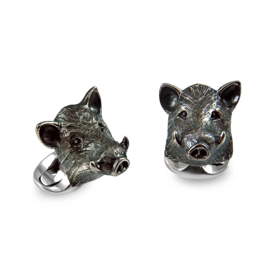 Silver Boar Cufflinks with Oxidised Detailing - Deakin & Francis | EB London