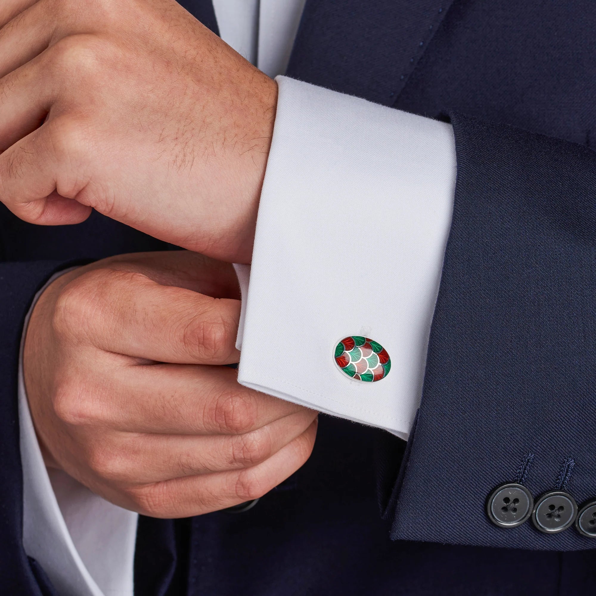 Sterling Silver Bright Green and Maroon Red Scallop Pattern Enamel Cufflinks – Deakin & Francis - EB London