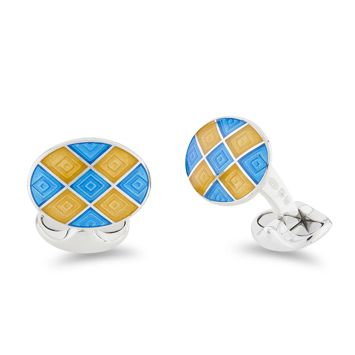 Silver Bright Yellow and Blue Enamel Chequer Pattern Cufflinks - Deakin & Francis | EB London