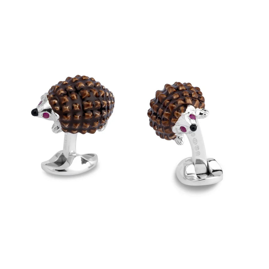 Silver Hedgehog Cufflinks with Brown Enamel and Ruby Eyes - Deakin & Francis | EB London