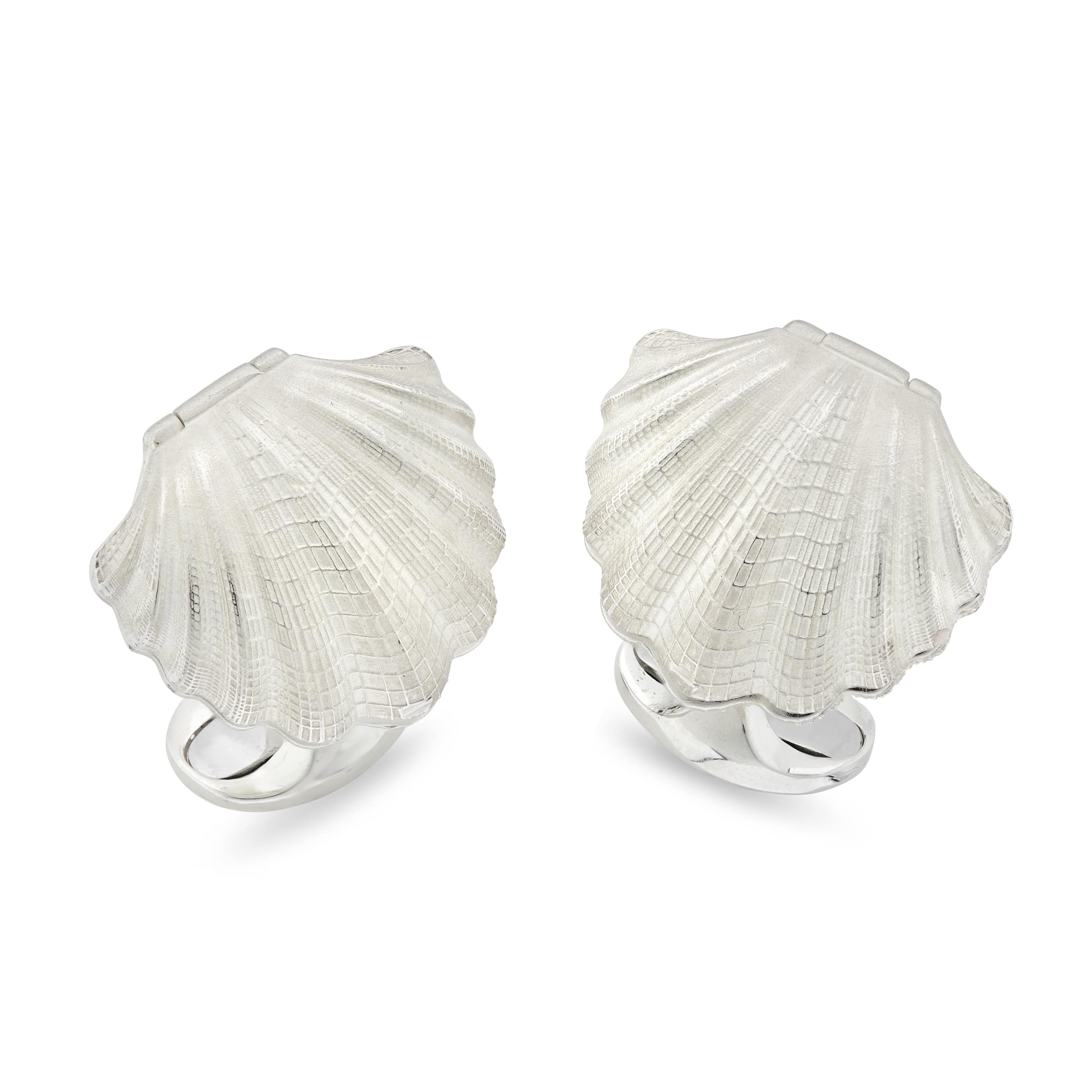Silver shell-shaped cufflinks on a white background