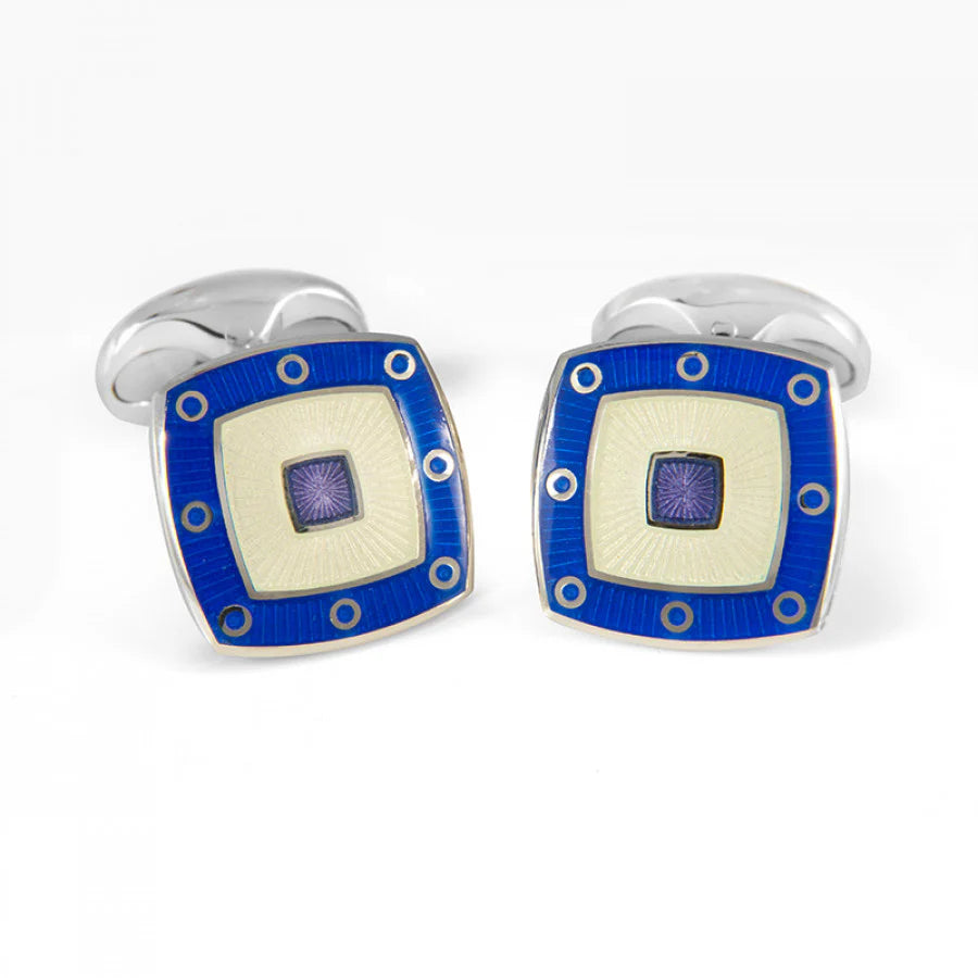 Luxury Sterling Silver Clear Enamel Cufflinks With Blue Spot Border - Deakin & Francis | EB London
