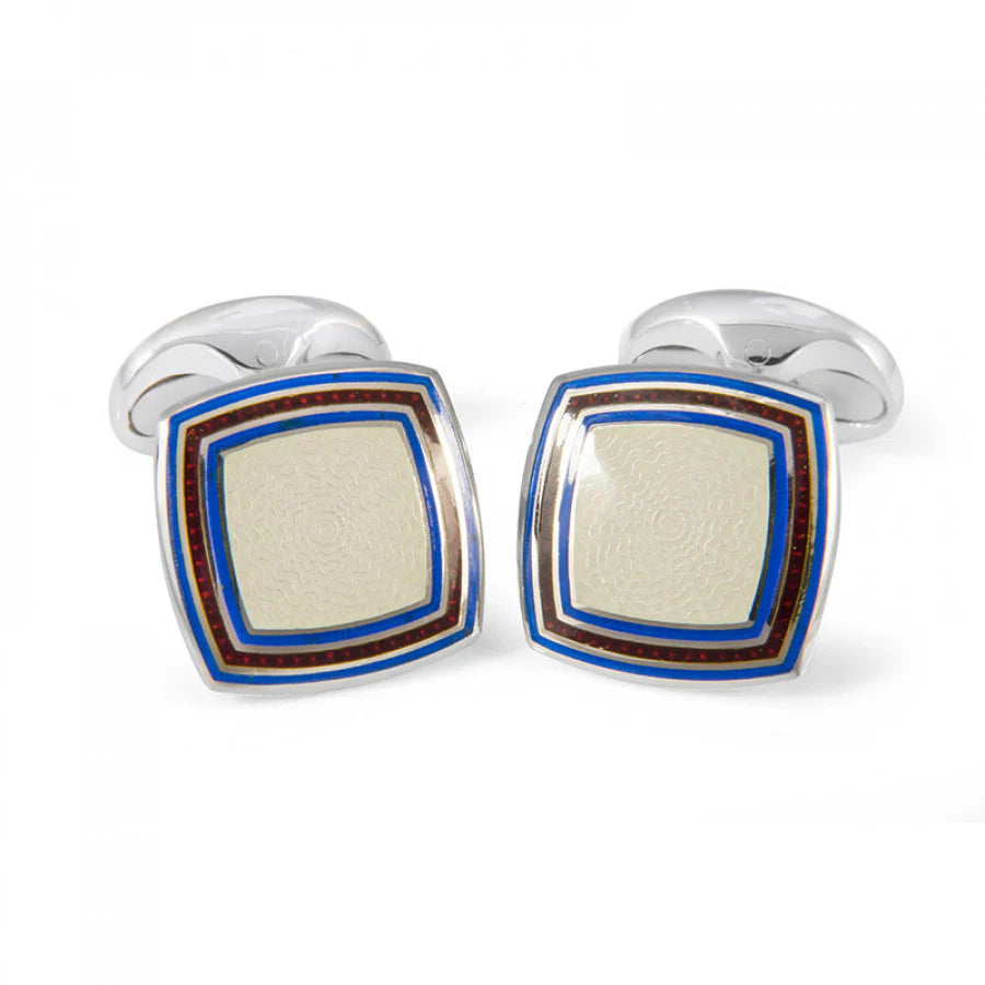Silver Clear Enamel Cufflinks with Blue and Red Striped Border - Deakin & Francis | EB London