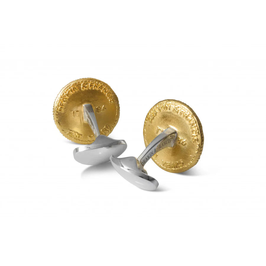 silver 230 anniversary coin cufflinks with gold plated finish and D&F crest by Deakin & Francis at EB London
