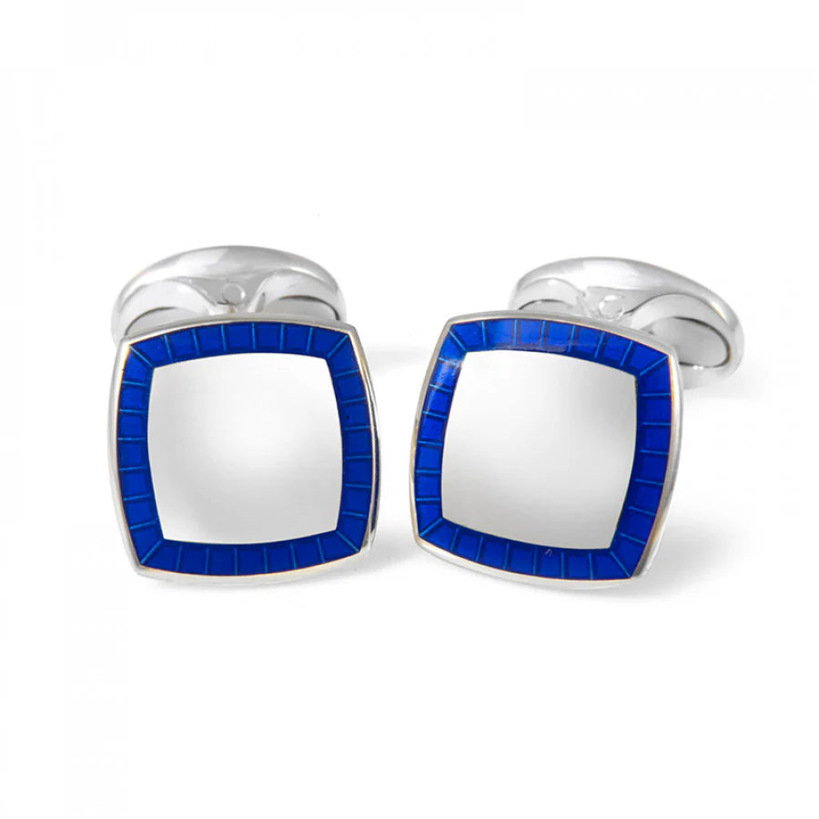 Silver Cushion Cufflinks with Blue Enamel Border - Deakin & Francis | EB London
