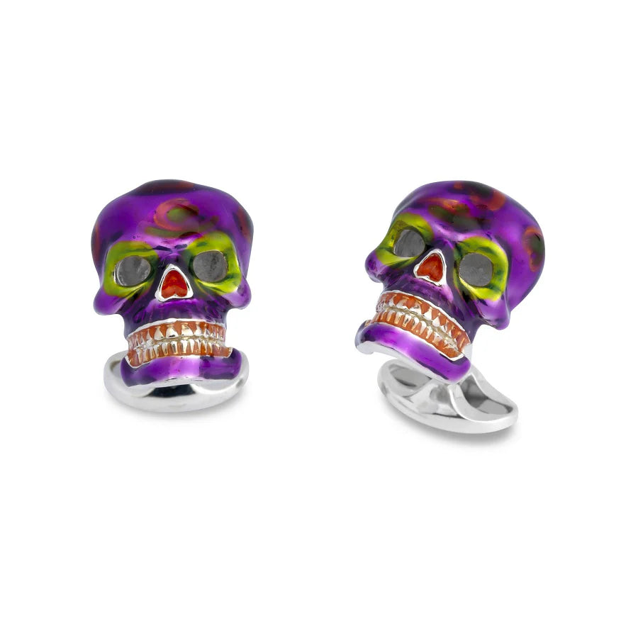 Silver Purple and Green Day of the Dead Skull Cufflinks - Deakin & Francis | EB London