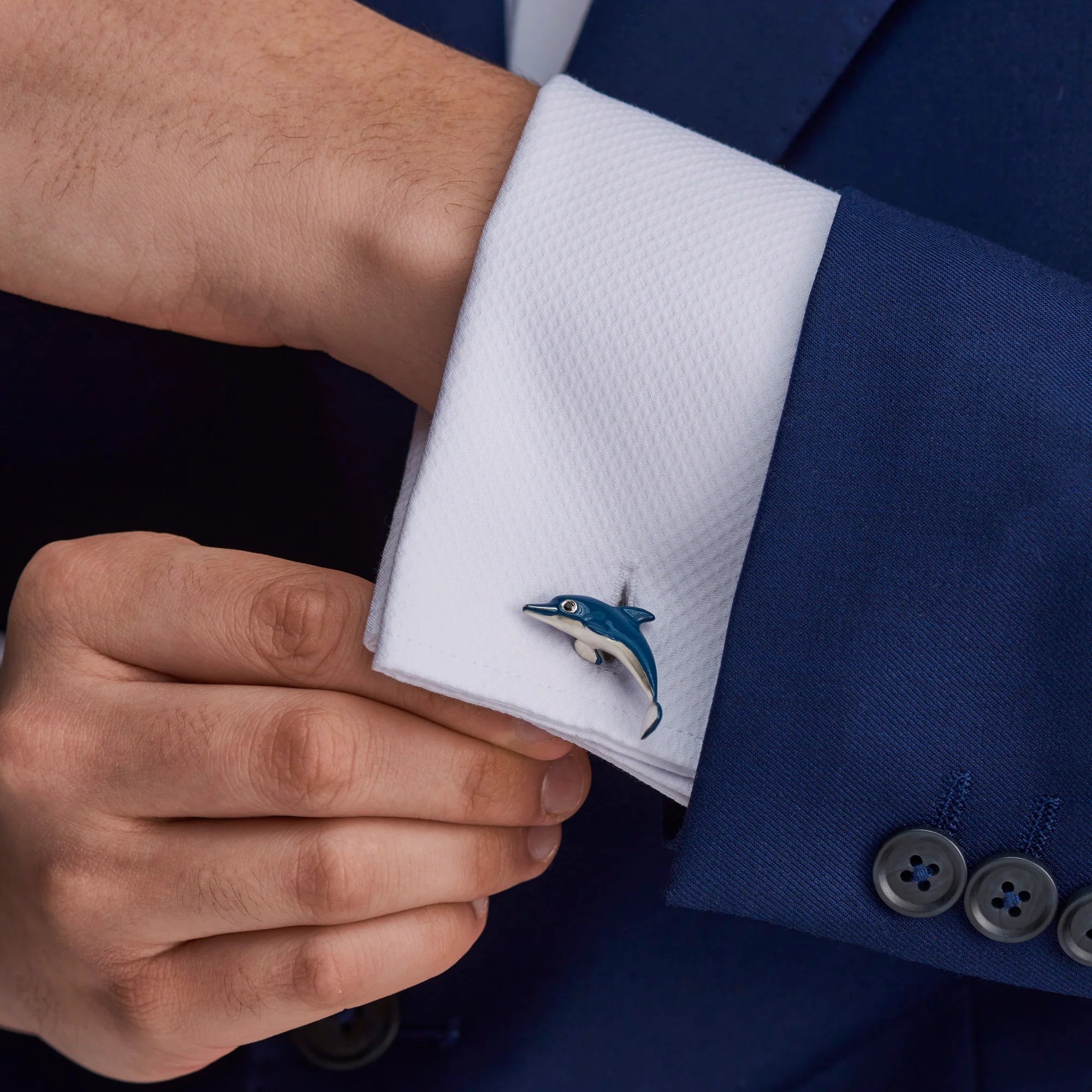 Sterling Silver Dolphin Cufflinks with Blue Enamel & Sapphire Eyes – Deakin & Francis - EB London