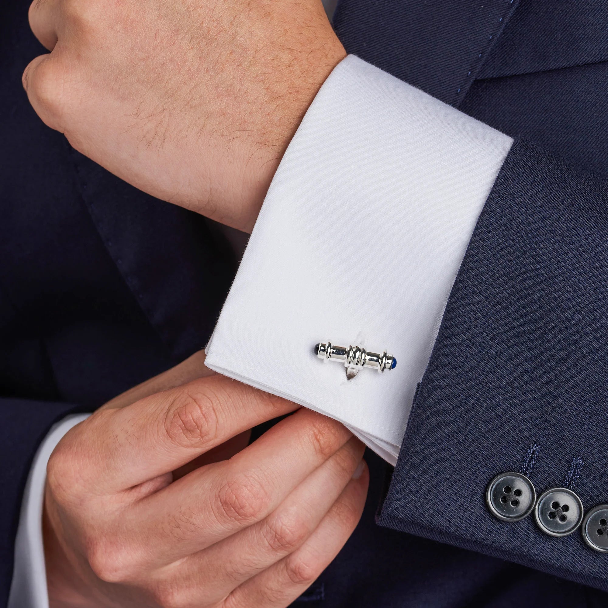 Silver Dumbbell Cufflinks with Cultured Sapphire Ends - Deakin & Francis | EB London