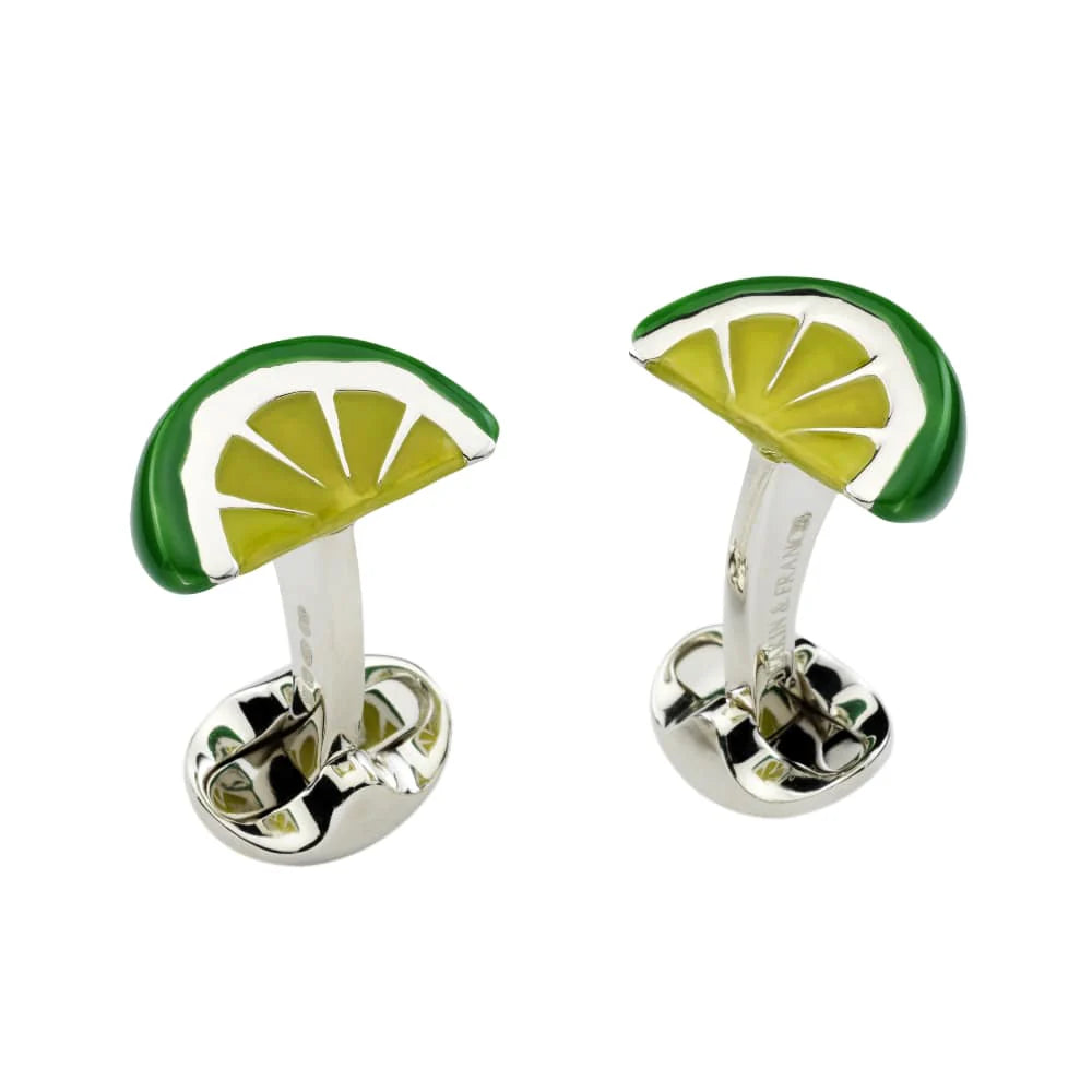 Sterling silver lime wedge cufflinks with hand-enamelled lime green finish by Deakin & Francis at EB London