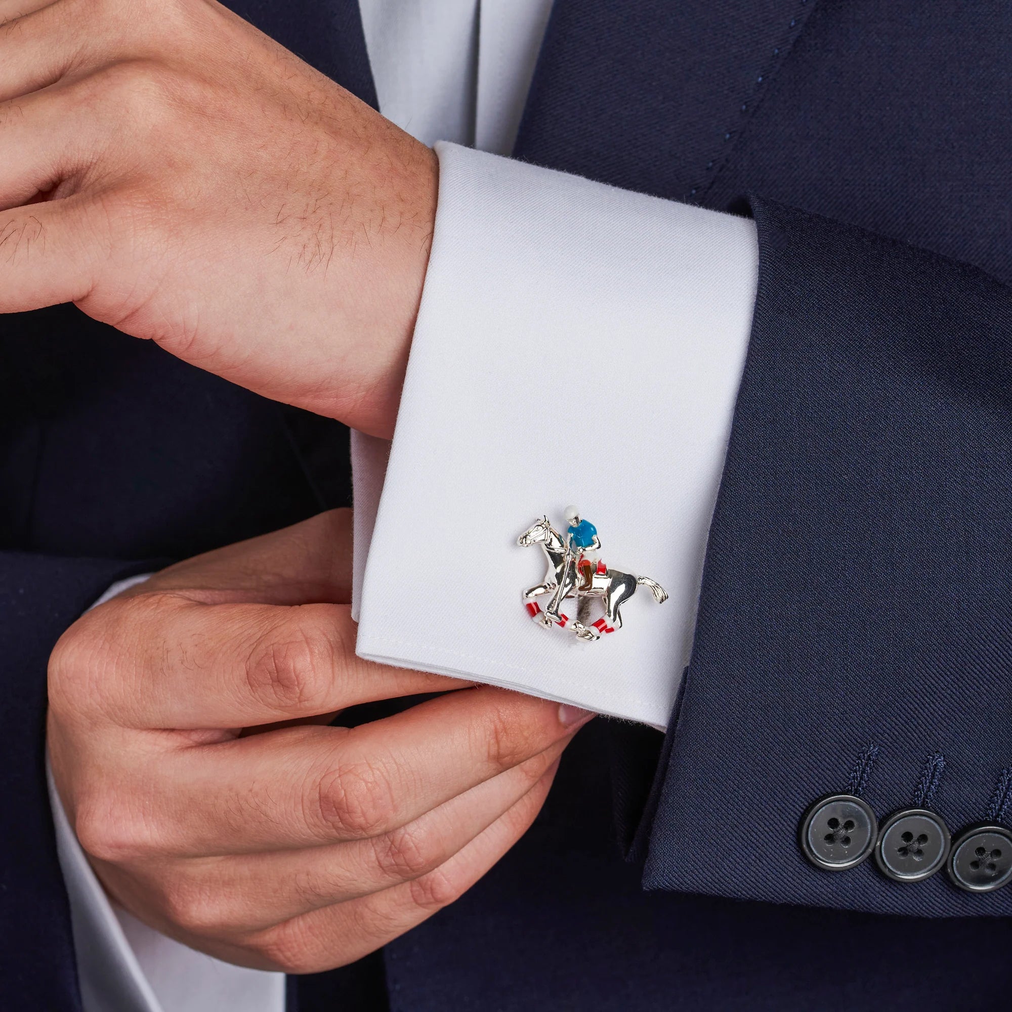 Silver Polo Rider Enamel Cufflinks - Deakin & Francis | EB London