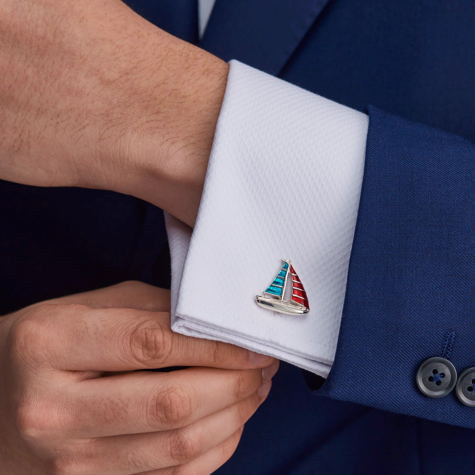 Sterling Silver Enamel Yacht Cufflinks in Blue and Red - Deakin & Francis - EB London