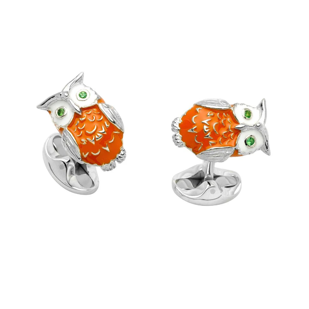 Sterling Silver Enamelled Owl Cufflinks with Tsavorite Eyes - Deakin & Francis - EB London