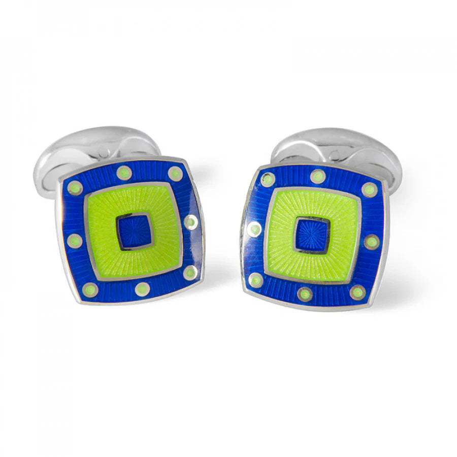 Silver Green Enamel Cufflinks with Blue Spot Border - Deakin & Francis | EB London