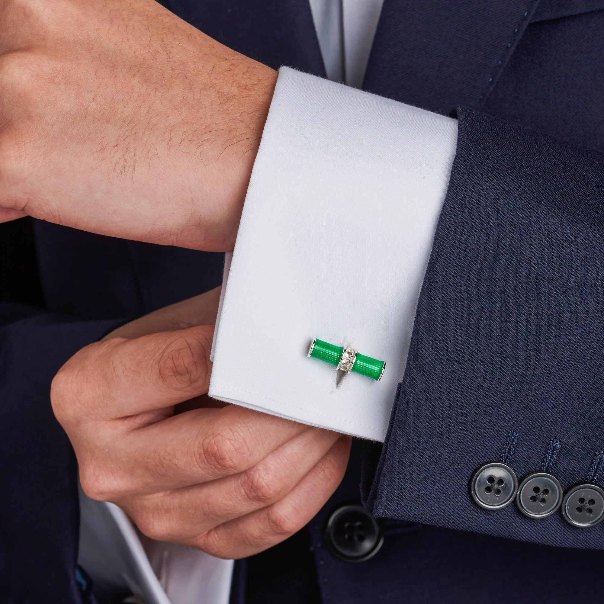 Silver Green Enamel & White Spinel Centre Bar Cufflink – Deakin & Francis - EB London