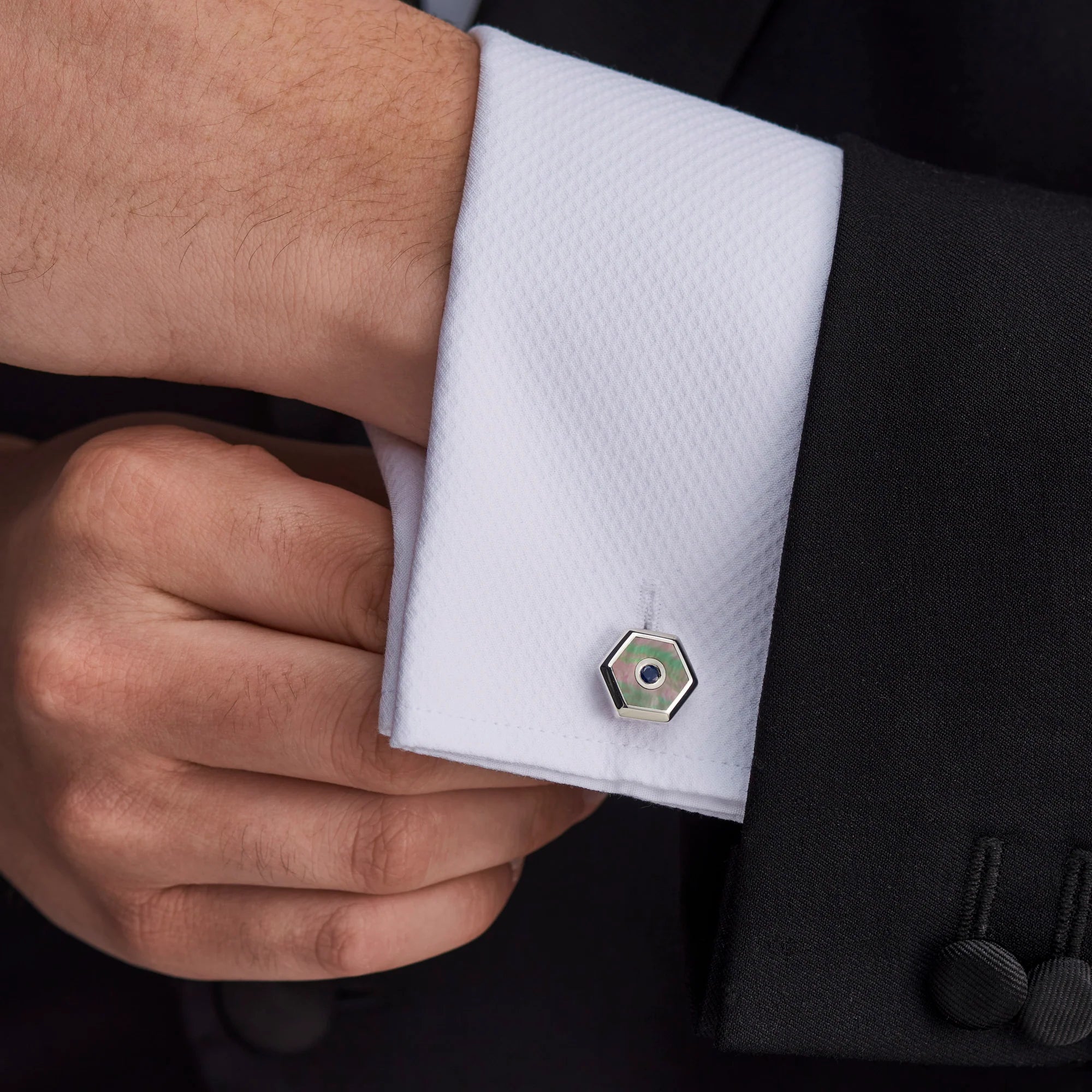 Silver Hexagonal Cufflinks with Grey Mother-of-Pearl and Sapphire - Deakin & Francis | EB London